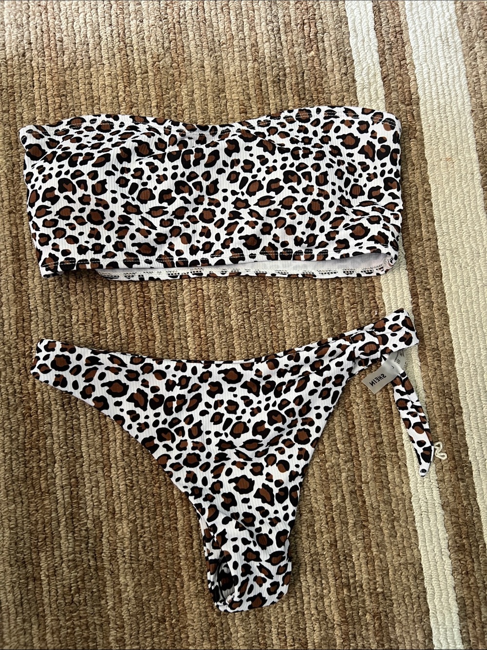 SHEIN Leopard Print Bandeau Bikini Set in White and Brown